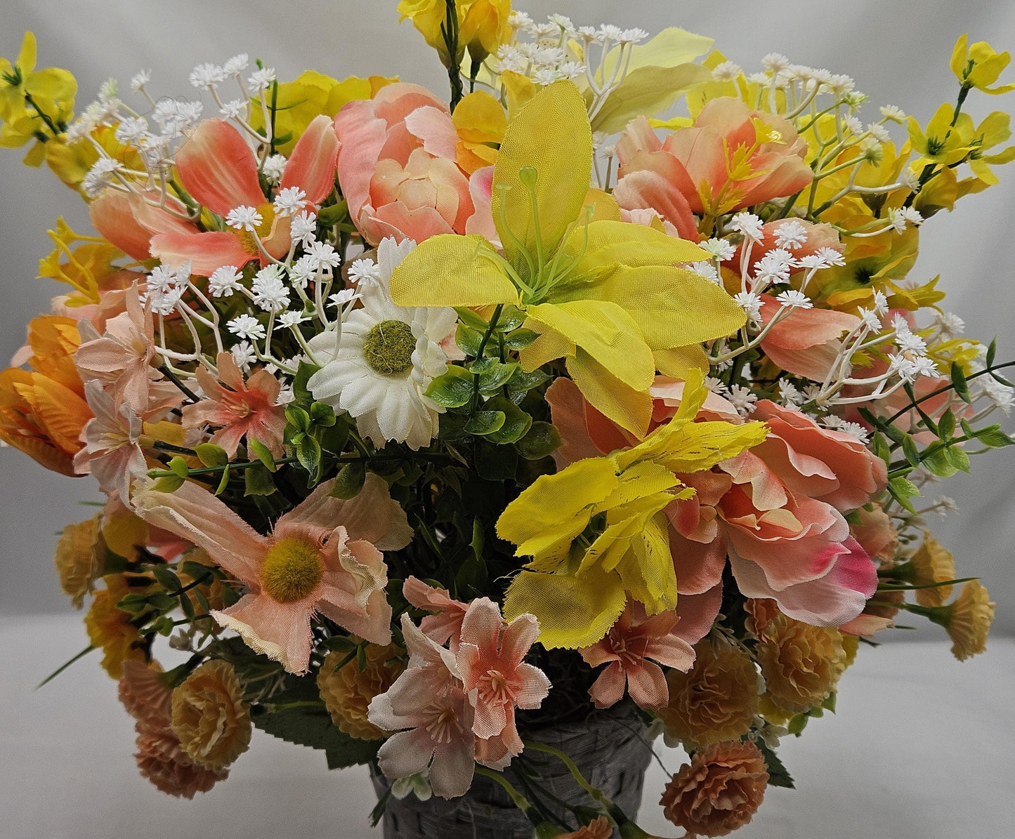 Mother's Day Bouquet in Wicker Type Pot/Love on Mother's Day/Featuring a Cheerful Bird in a Garden of Vibrant Yellow/Peach Flowers/Butterfly