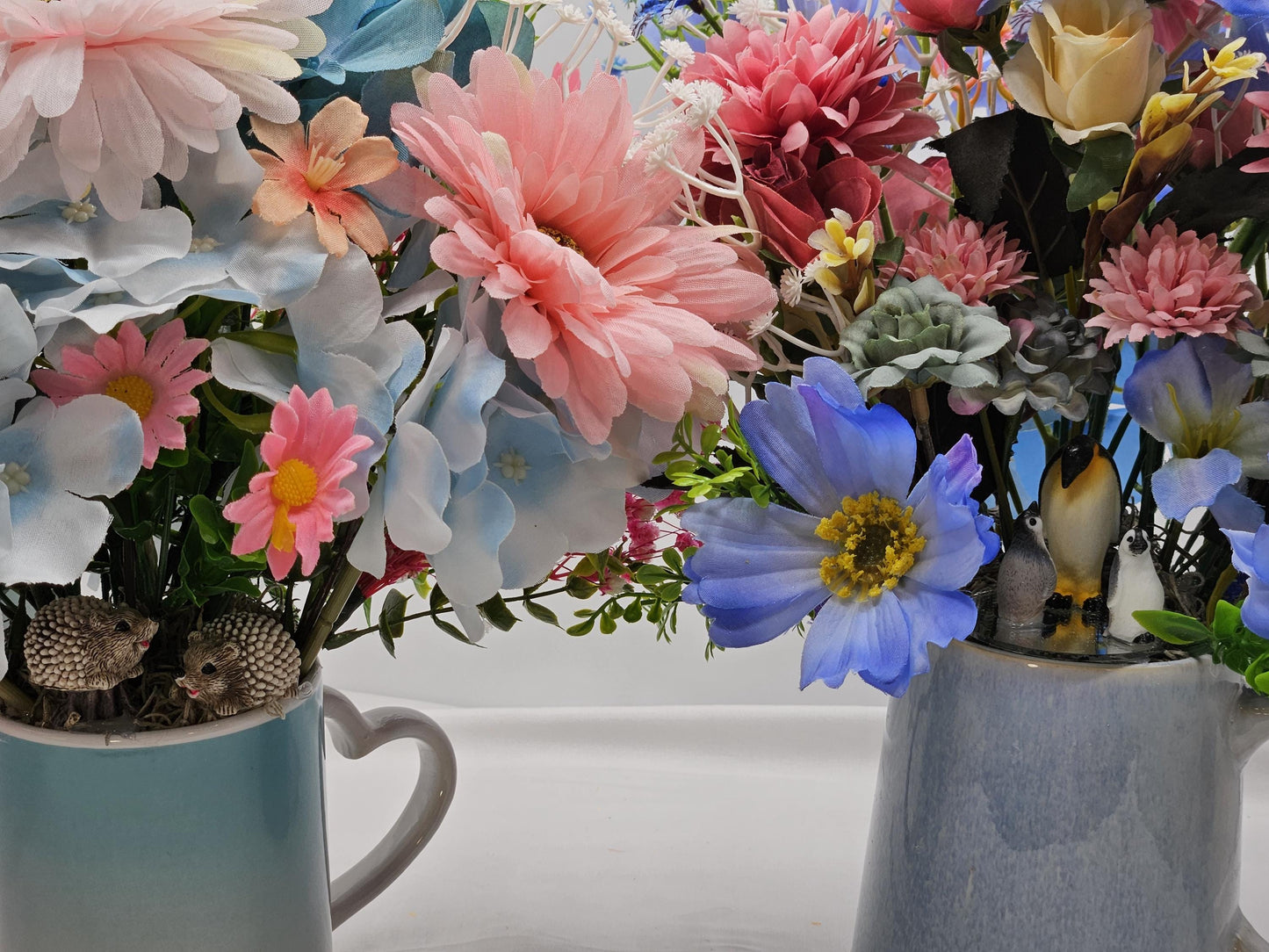 Pretty mugs filled with flowers and a twist of nature/2 options/Hedgehogs or Penquins/Vibrant and Colorful Florals/Blues/Pinks/Grennery
