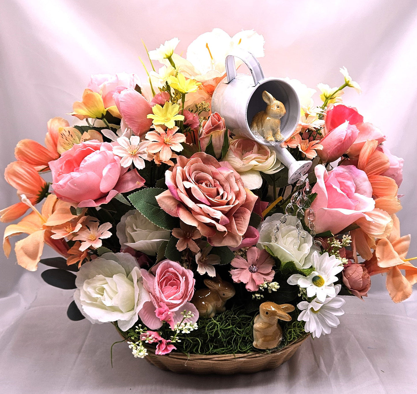 Oval Basket Flower Arrangement, Watering Can, Roses, Wildflowers, Bunnies, Housewarming Gift, Gift for Her
