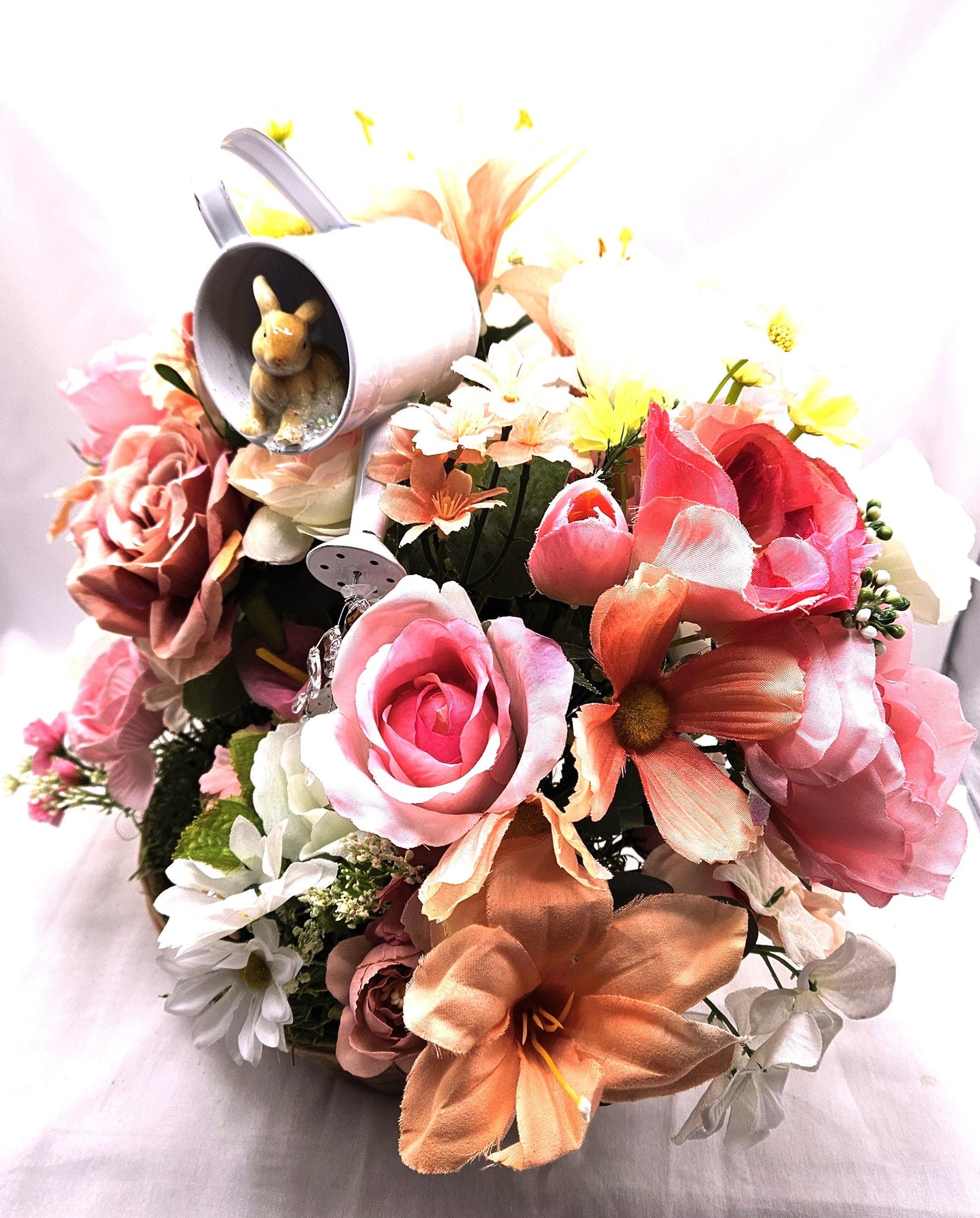 Oval Basket Flower Arrangement, Watering Can, Roses, Wildflowers, Bunnies, Housewarming Gift, Gift for Her
