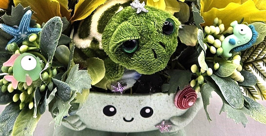 Turtle Lovers Floral Arrangement in Footed Dish/Plush Turtle   in Green and Yellow Flowers with  Sea Accents