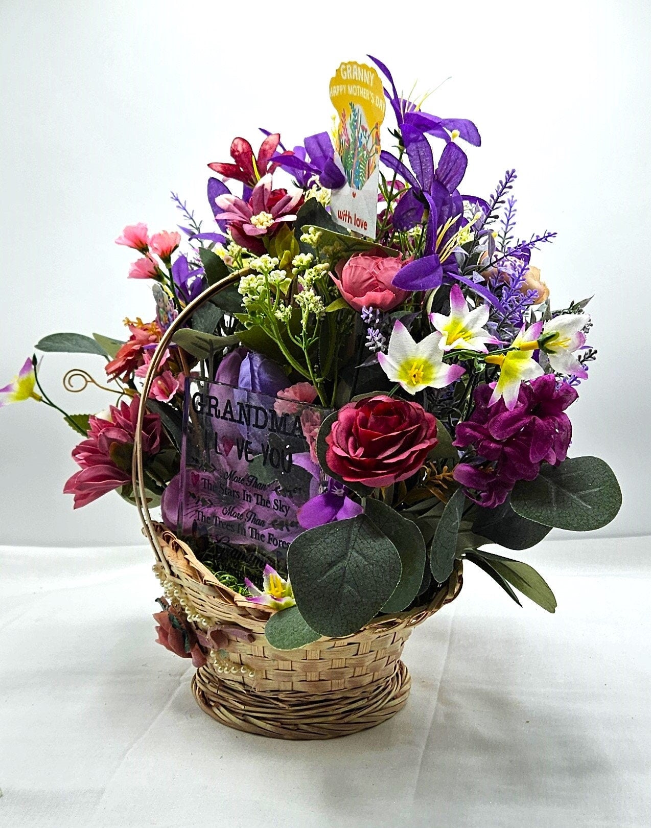 Sentimental Grandma Flower Basket, Pink & Purple Blossoms, Mother's Day Gift, Birthday Sentimental Surprise