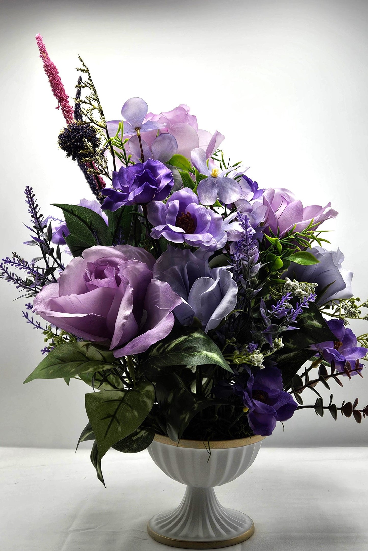 Lilac Rose and Baby's Breath Centerpiece in Footed Dish - Sophisticated Table Accent, Great for Mother's Day or Hostess Gift