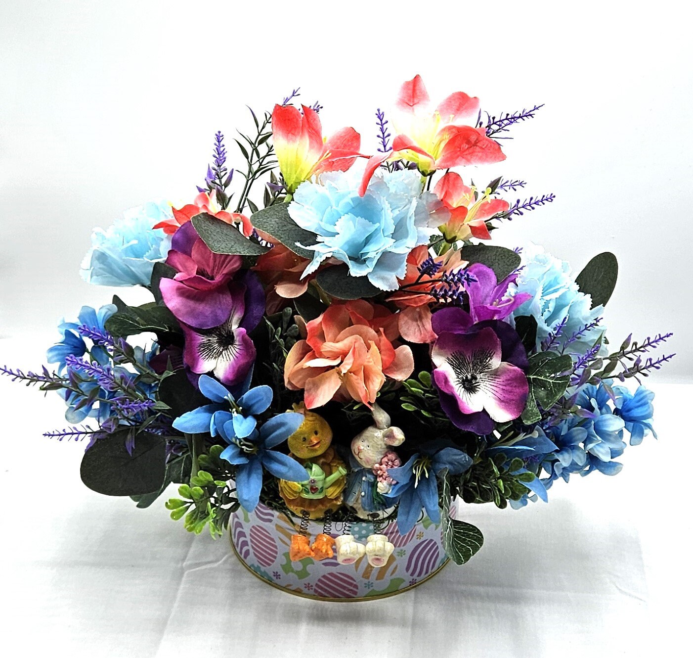 Egg Decorated Tin of Spring Pastel Flowers with Easter Chick and Bunny - Easter Table Centerpiece or Gift