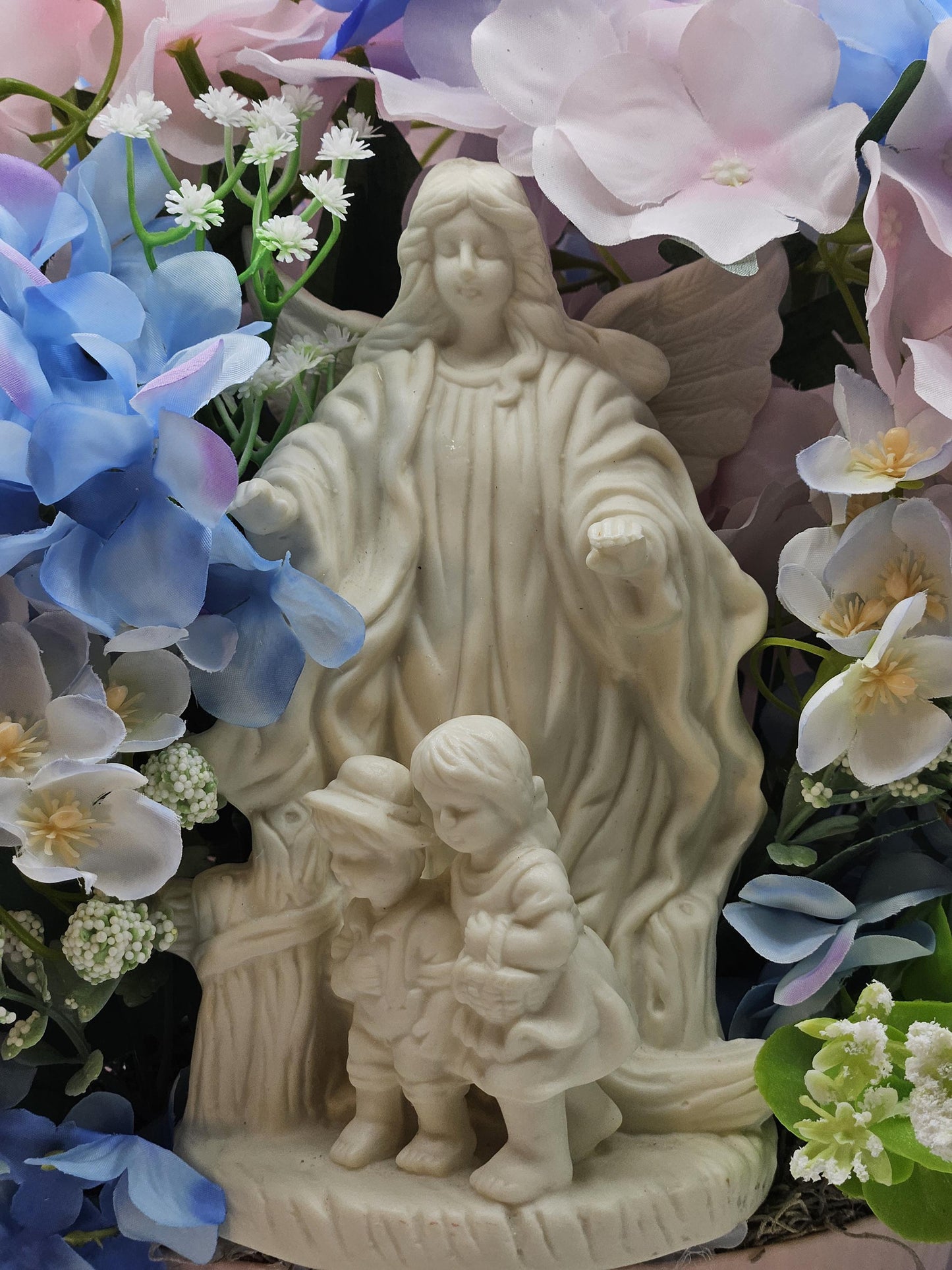Floral Centerpiece/Guardian Angel With Little Children Amidst A Garden Of Pink And Blue Hydrangea Flowers/Greens/Baby's Breath/Lovely