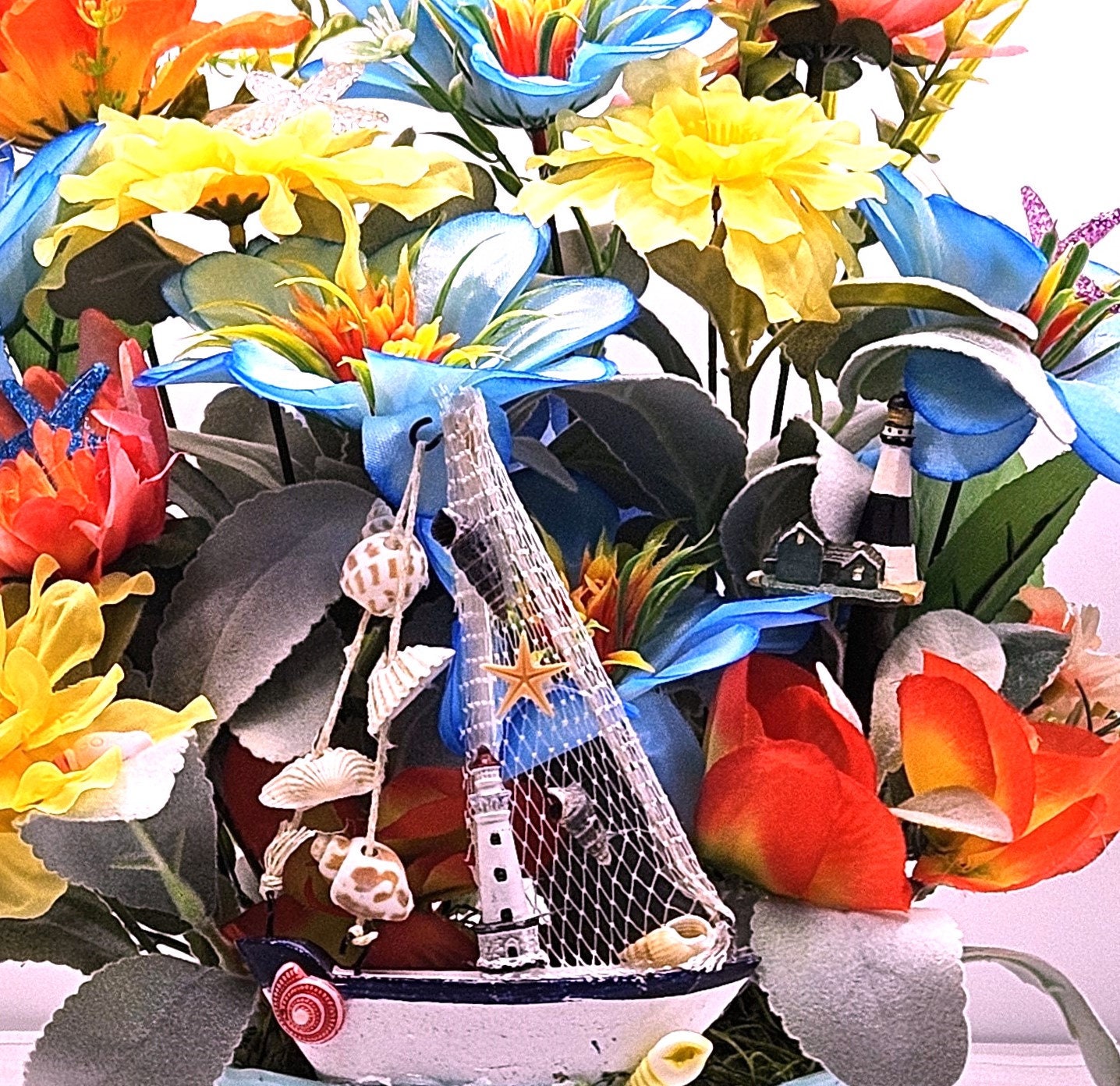 Seaside Serenity Coastal Decor, Sailboat and Lighthouses, Teal/Aqua Flower Arrangement, Beach Lover Gift, Sea Life Decor