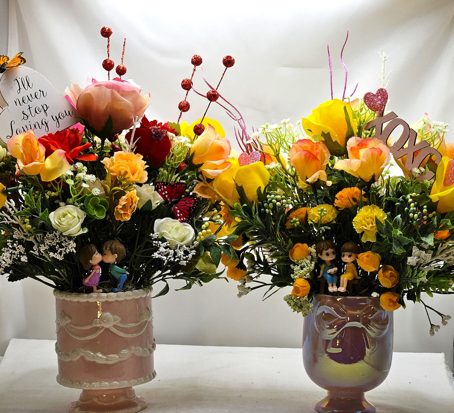 Loving, Heartwarming Love Flower Arrangements in a Footed Ceramic with Sweetheart Couples, 2 Choices, With Hearts/Love Sentiments
