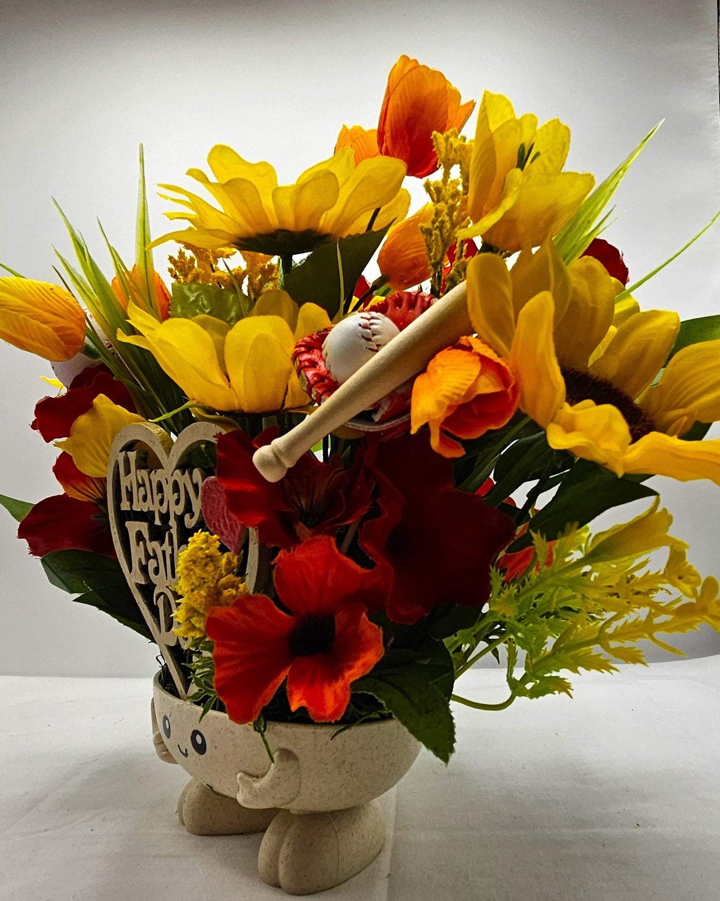 Happy Father's Day Floral Display - Baseball Dad Theme with Rustic Wooden Sign - Unforgettable Dad Gift"