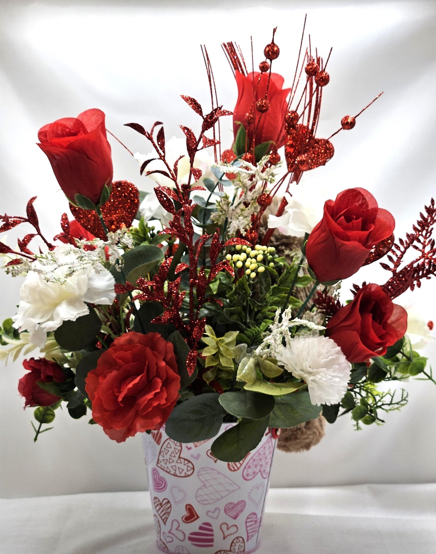 Lovable Lion or Gorilla with Red Roses, Romantic Floral Arrangement, Valentine Gift, Glittery Accents, Hearts Decor, Carnations