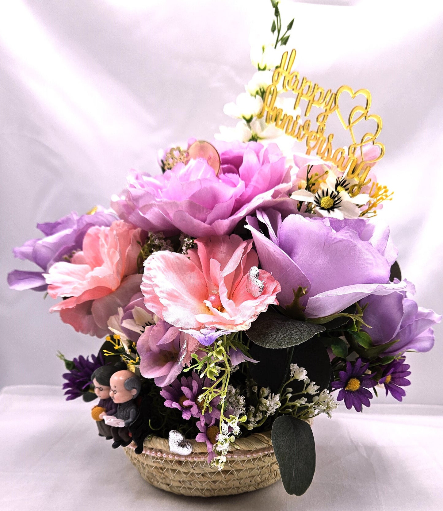 Grandparents, Parents  Happy Anniversary Flower Arrangement in woven basket, Grandma/Grandpa in Love, Roses/Romantic Accents/Lilac/Pink