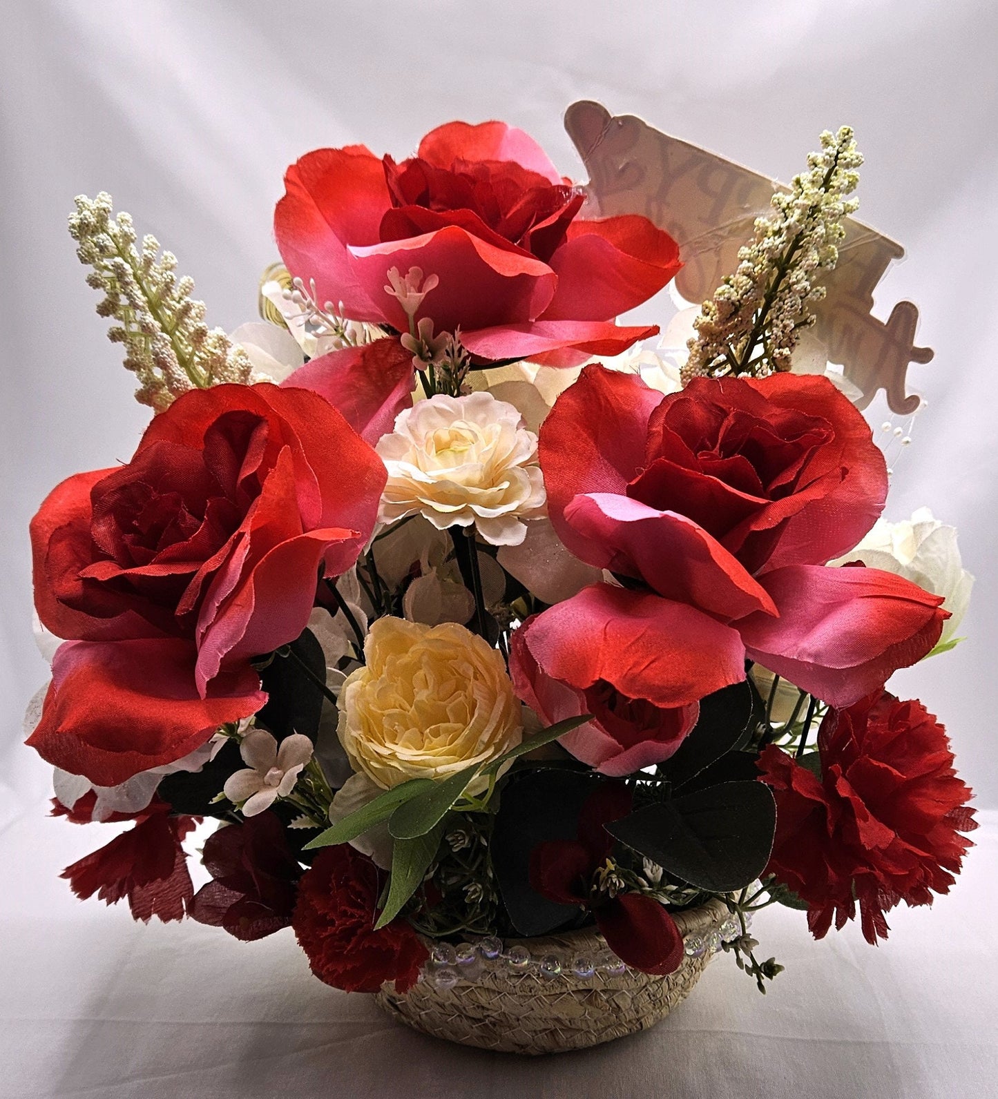 Happy Anniversary Flower Arrangement Features Shadow Kissing Couple, Sentimental Sign, Together We Share One Heart, Shiny Hearts/Pearl Trim