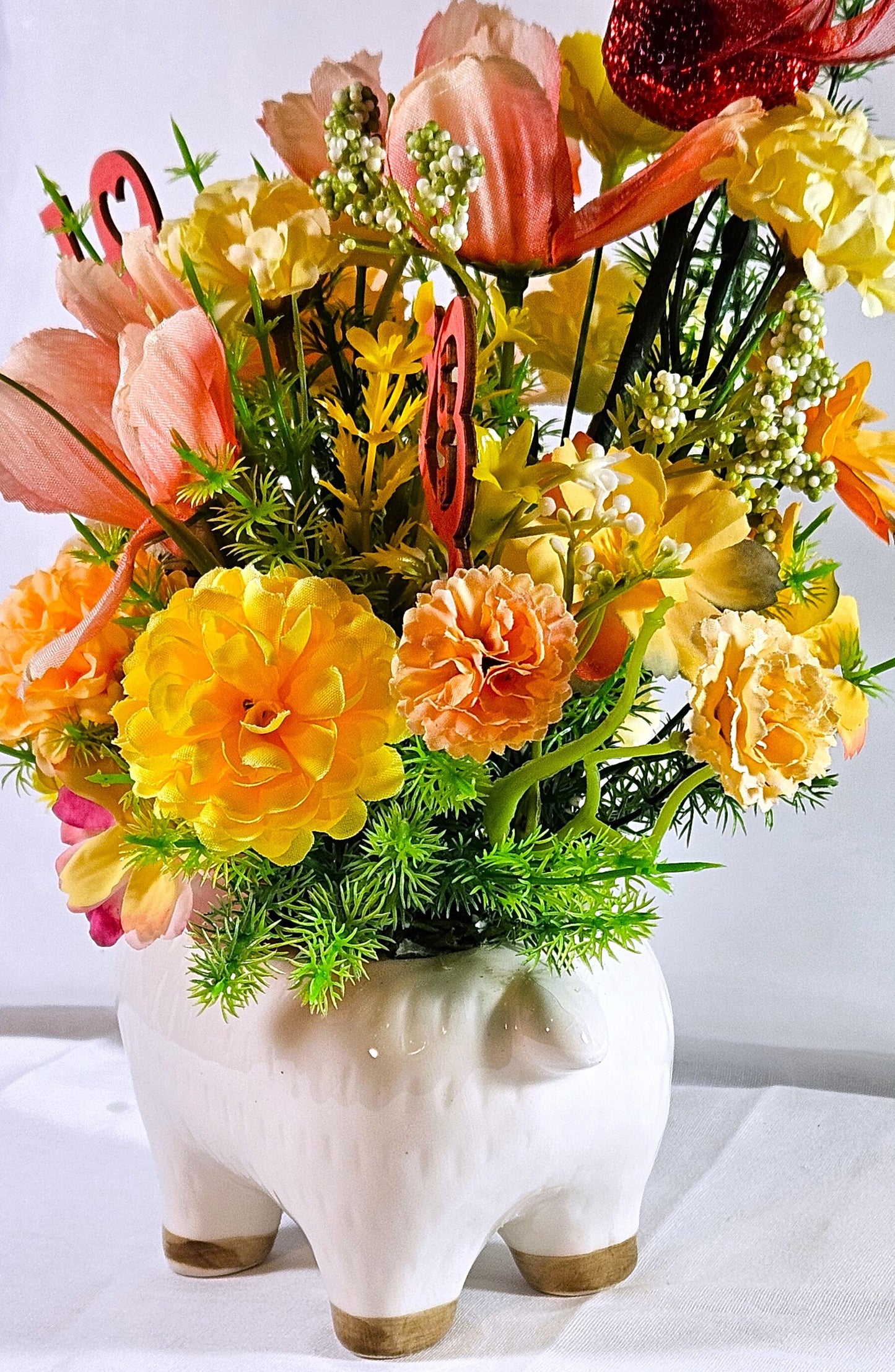 Love Ceramic Llama Arrangement: Peach/Yellow Blooms with Heartfelt Messages & Cute Bird, Perfect for Romantic Gift Occasions