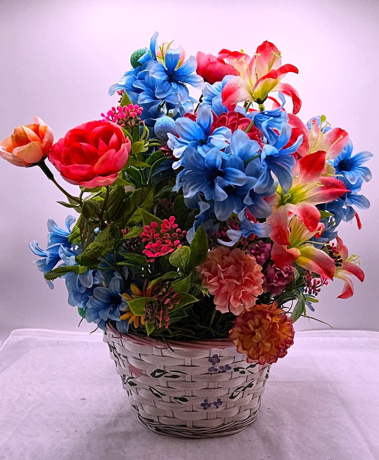 Springtime Delight Handmade Happy Easter Bunny Flower Basket with Glitter Eggs and Pastel Flowers