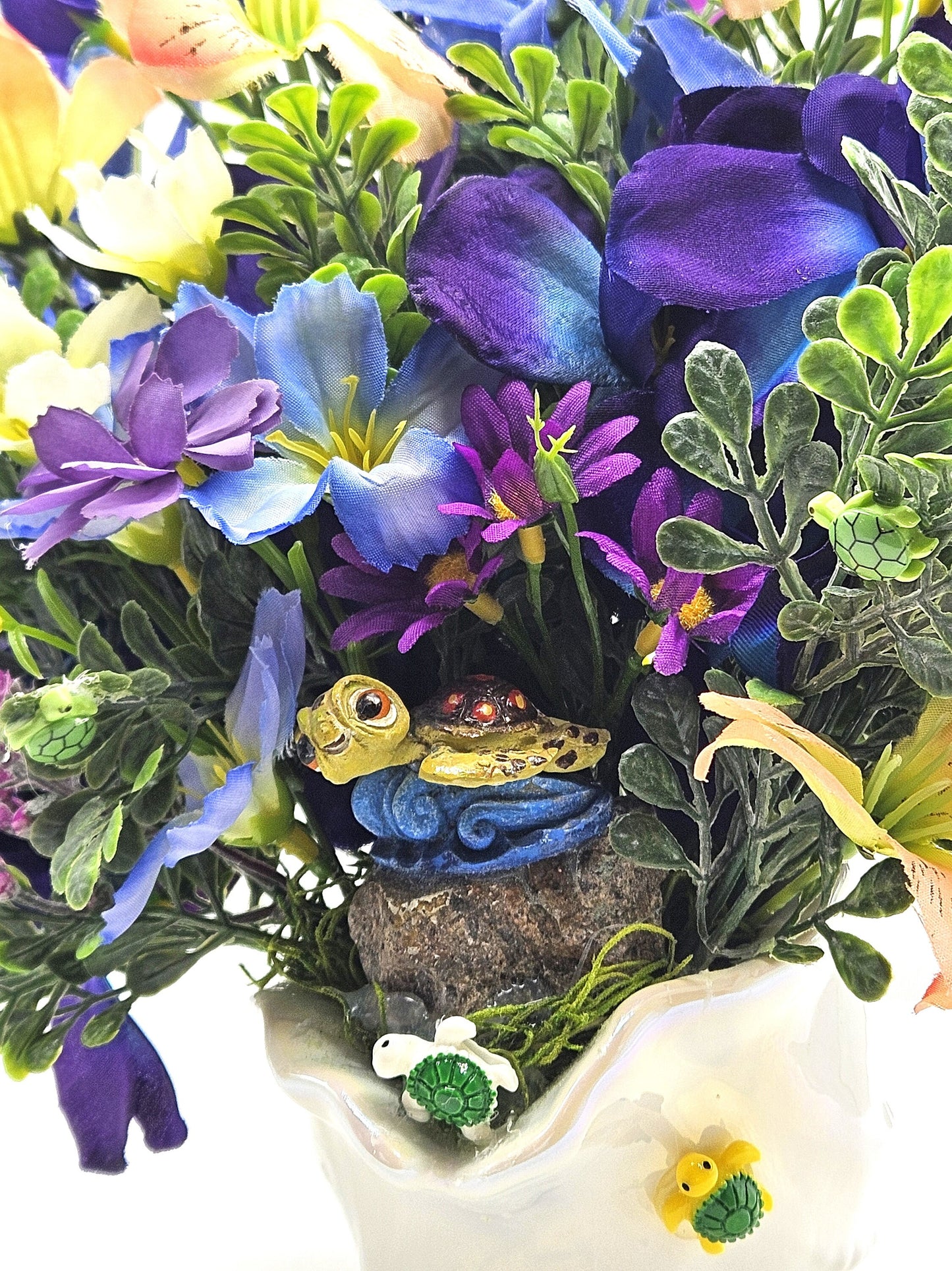 Cute Turtles Amidst a Purple and Yellow Floral Centerpiece Set in a Ceramic White Seashell, Great Gift for the Beach and Tropical Lover