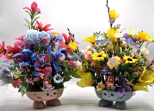 Tropical Mermaid Floral Arrangements, 2 Options, Pink/Blue or Yellow/Blue Multi Color Themes, Whimsical Cute Mermaids and Other Sea Life