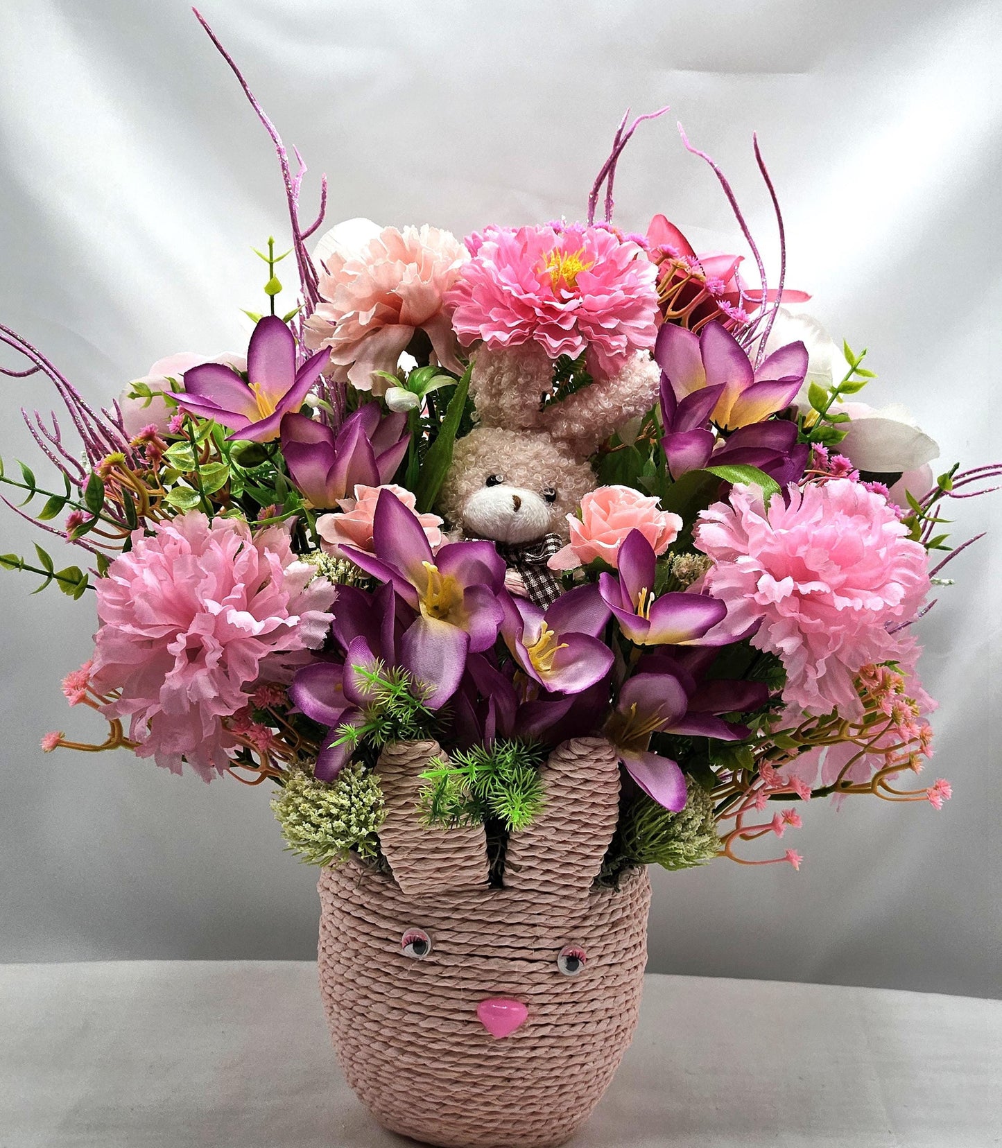 Easter Basket Gifts in 3 Colors, Pink/Yellow/Aqua, Each with a Bunny Accent, colorful Flowers, Lots of Glitter and Greenery, Great Gift Idea