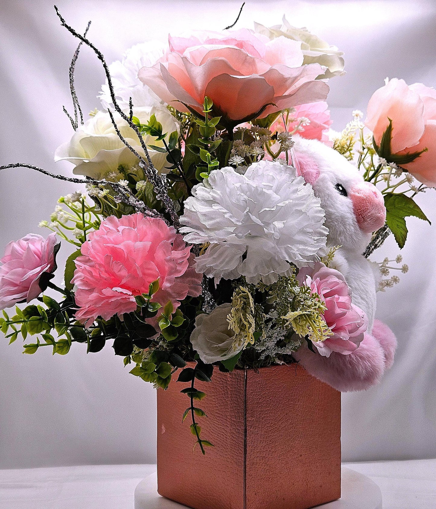 Gift Box of Flowers, Cute Pink/White Cow w/sign I Love My Mom Sign Amidst Elegant Carnations/Roses in Box, Great Gift Idea for any Occasion
