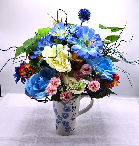 Supportive Cancer Awareness Mug - Beautiful Ceramic with Blue Ribbon & Flower Arrangement, Perfect Gift for Warriors