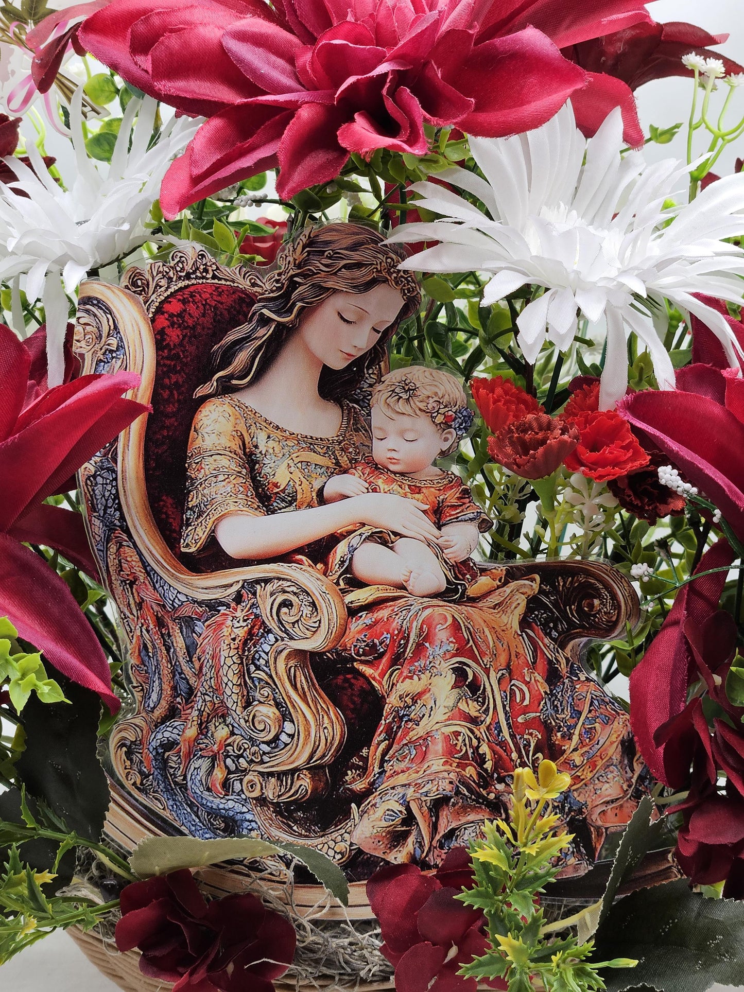 Elegant Floral Mother in Rocker Holding a Child, Vintage Look in Garden of Burgundy and White Flowers/Lush Greenery/Baby's Breath/Gift Idea