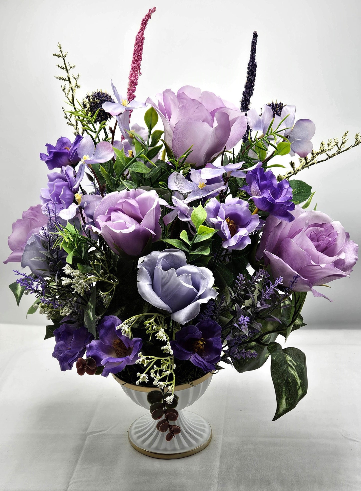 Lilac Rose and Baby's Breath Centerpiece in Footed Dish - Sophisticated Table Accent, Great for Mother's Day or Hostess Gift