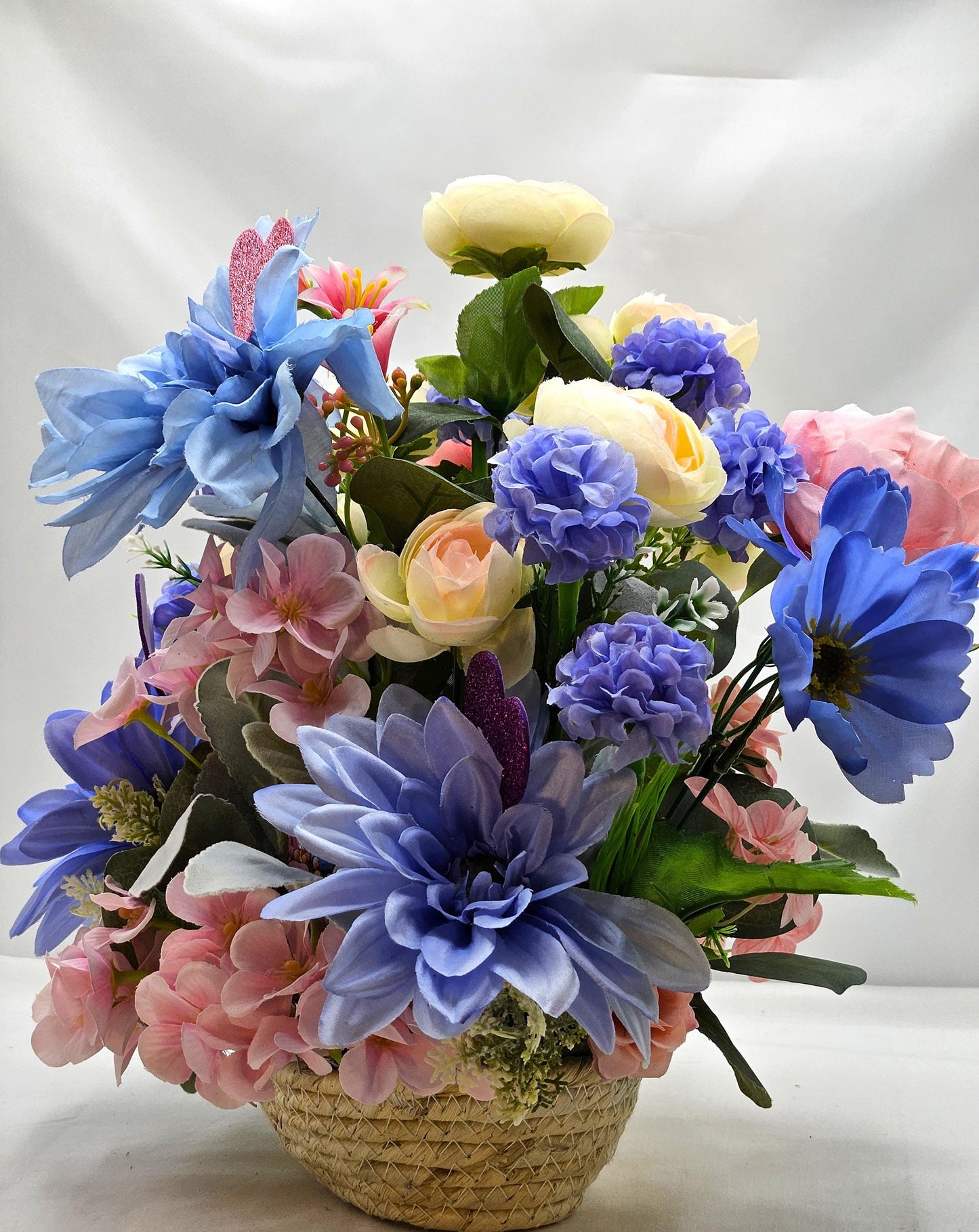 Romantic Flower Arrangement for Grandparents, Natural Woven Basket, Grandma and Grandpa on Swing, Pink Blue Florals