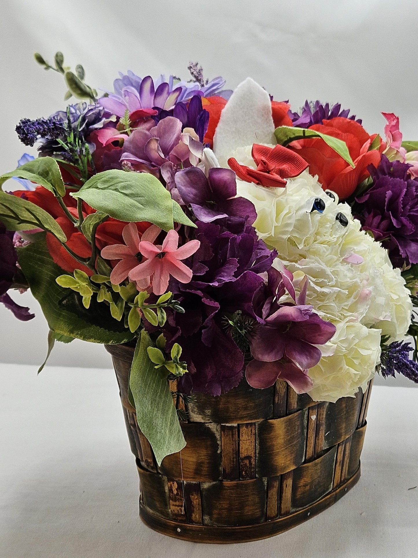 Handmade Carnation/Mum Flower Dogs/Two Options, in Box or Basket, Pieces filled w/Multi-Colored Sprimg/Summer Flowers/Greenery/Other Accents