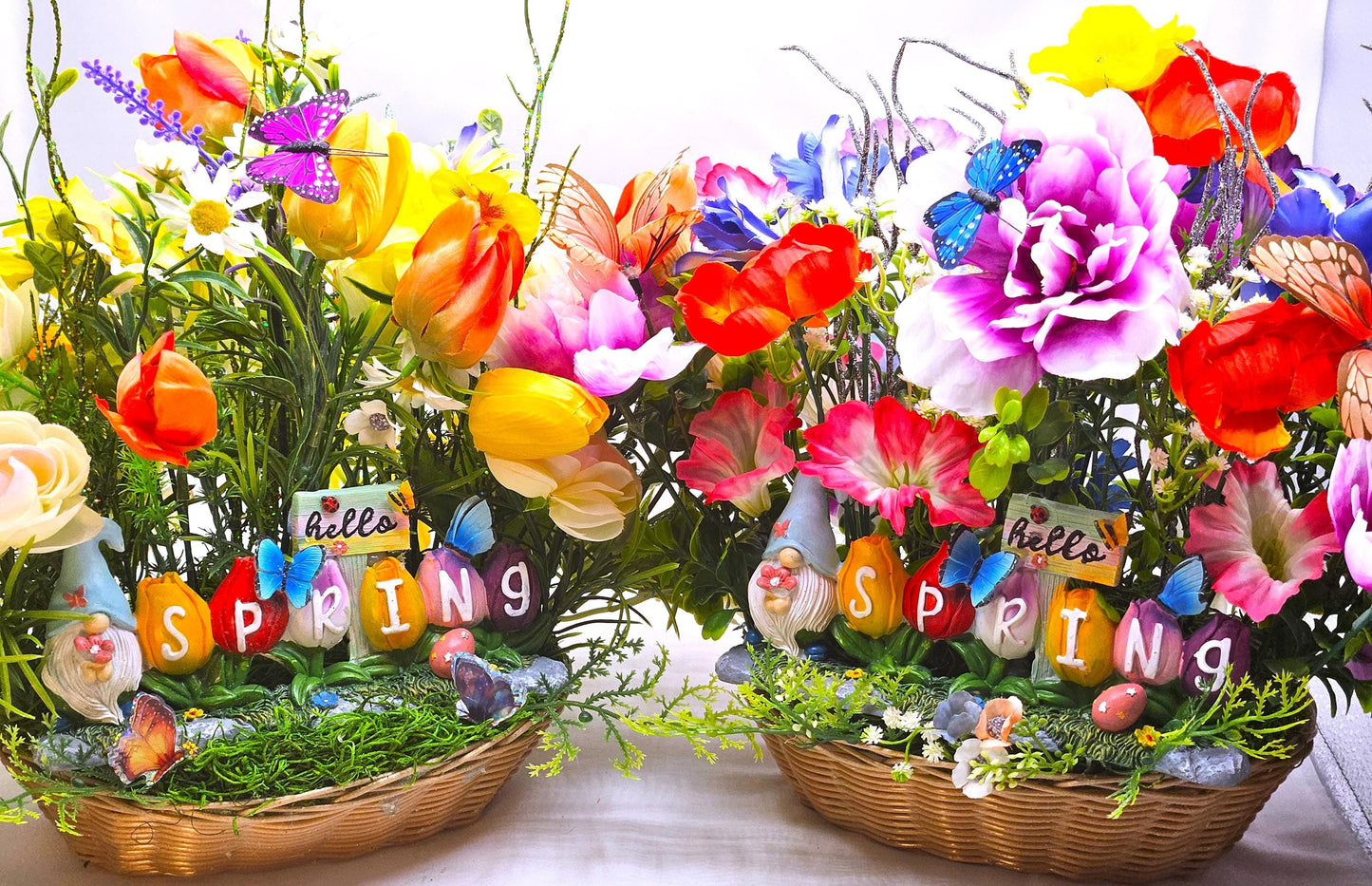 Winter Blues? Welcome Spring Flower Arrangement w/Bright Spring Flowers and Lucky Gnomes, Two Options in Oval Wicker Basket/Great Gift/Decor