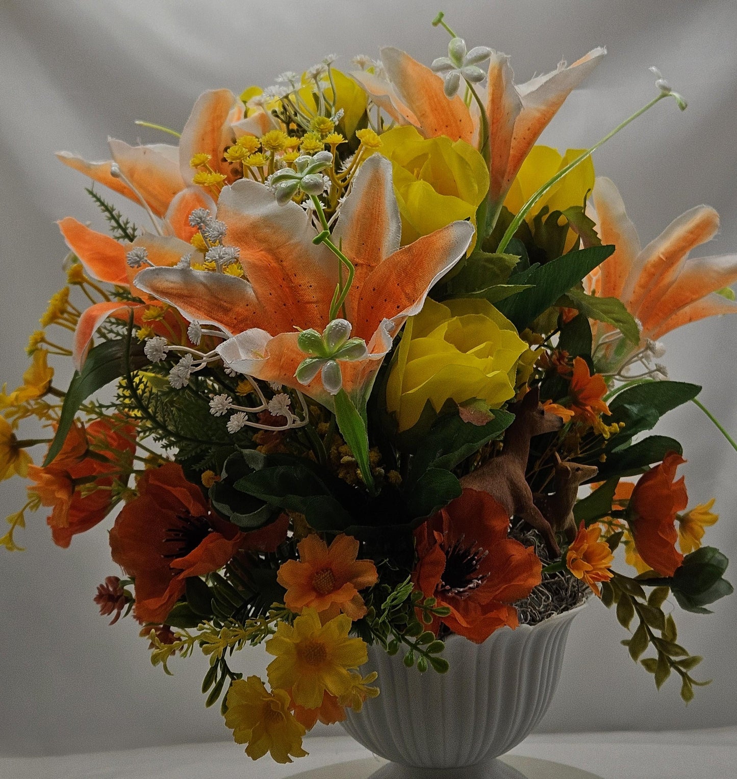 Momma and baby deer frolicking in a floral garden of yellow and orange Lilies, Pansies, Roses/other Florals, Greenery/Baby's Breath/Gifting