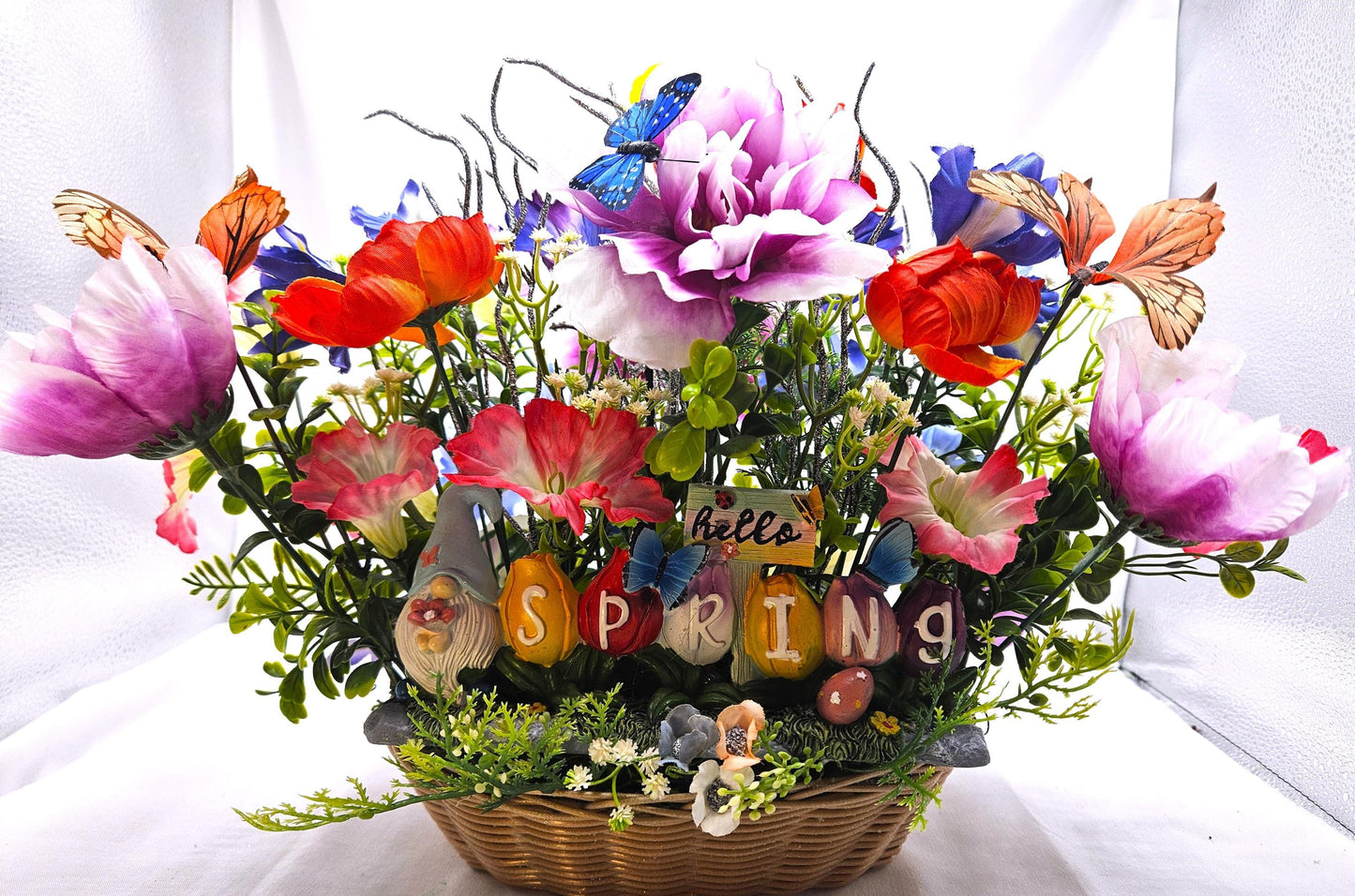 Winter Blues? Welcome Spring Flower Arrangement w/Bright Spring Flowers and Lucky Gnomes, Two Options in Oval Wicker Basket/Great Gift/Decor