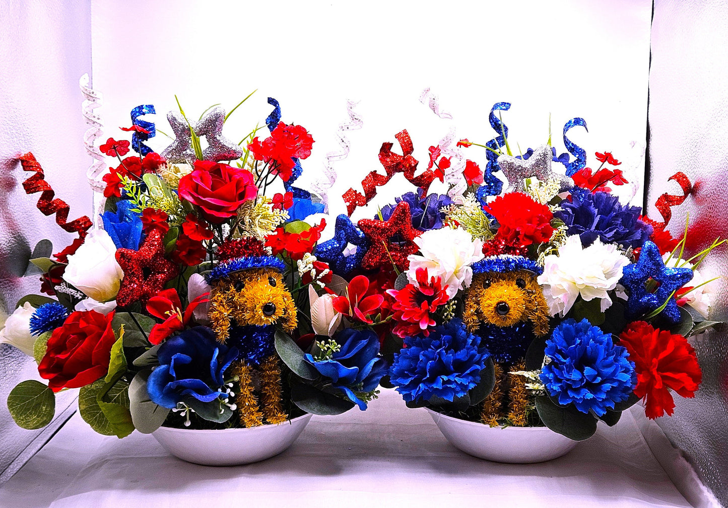 Patriotic Dog Floral Arrangement, Red White Blue Decor, Glittery Stars, Roses or Carnations, 2 Choices