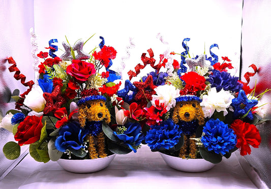Patriotic Dog Floral Arrangement, Red White Blue Decor, Glittery Stars, Roses or Carnations, 2 Choices