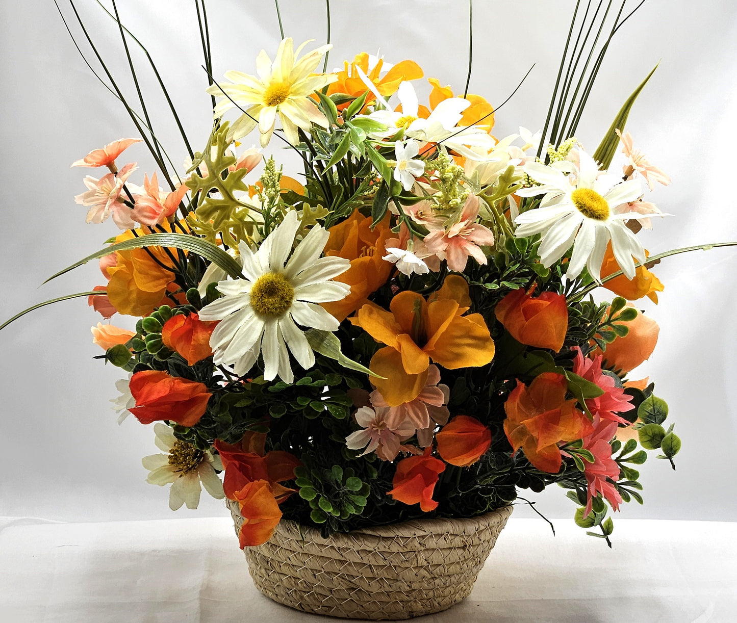 Flower Arrangement featuring a Crystal-Like Lighthouse, Yellow/Peach Wildflowers, Owl/Bird Accents/ Great Tropical Gift or Home Decor