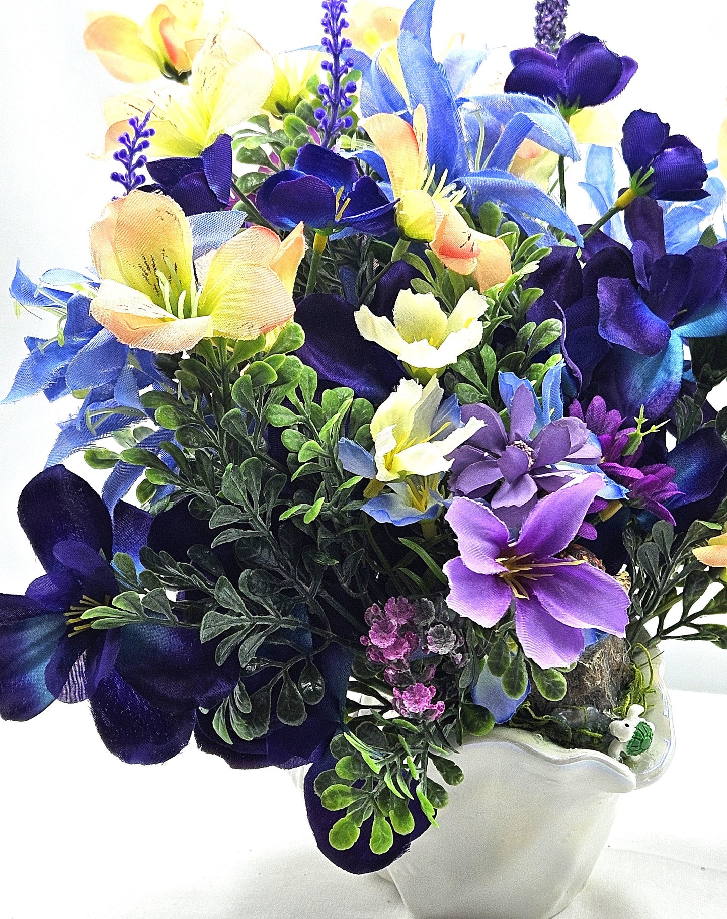 Cute Turtles Amidst a Purple and Yellow Floral Centerpiece Set in a Ceramic White Seashell, Great Gift for the Beach and Tropical Lover
