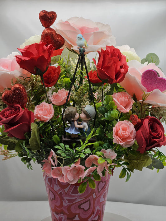 Sweetheart On A Swing Art, Garden Lover's Gift, Pink Rose, Red Rose, Love Expression, Flowers And Hearts