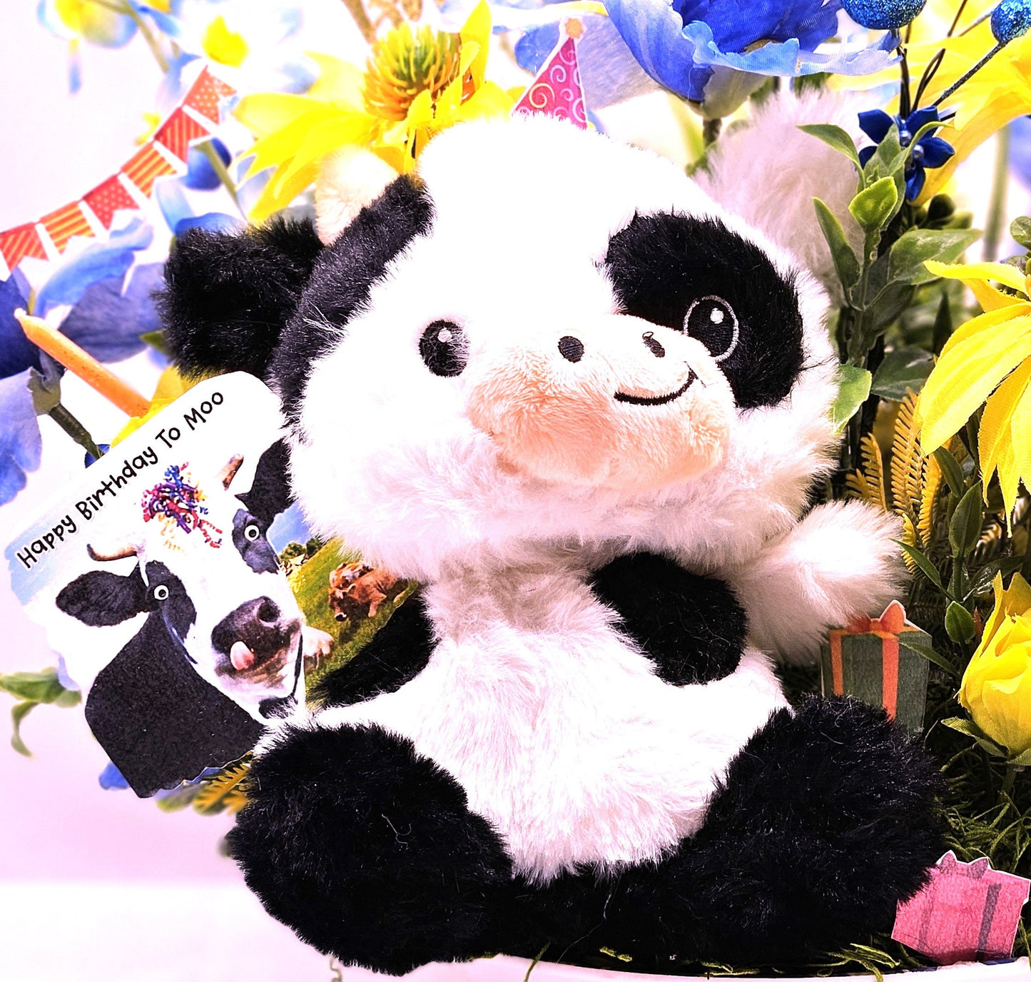 Happy Birthday to "Moo" Cow Lovers Flower Arrangement, Presents/Candles/Balloons/Birthday Sentiments, Blue/Yellow Flowers, Can Personalize