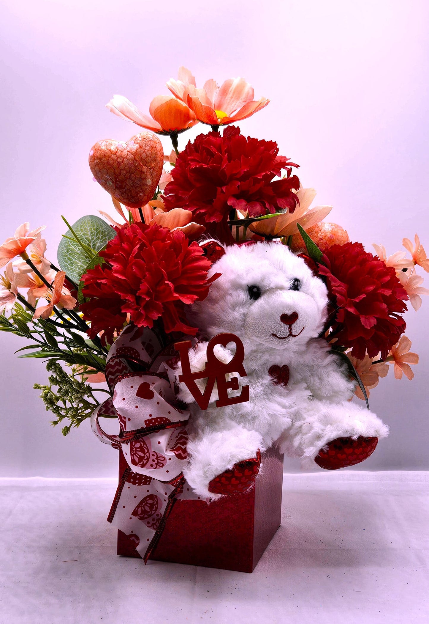 Romantic Flower Arrangement with White Bear Set in Red Gift Box - Red Carnations, Peach/White Florals, Glitter Hearts, and a Beautiful Bow"