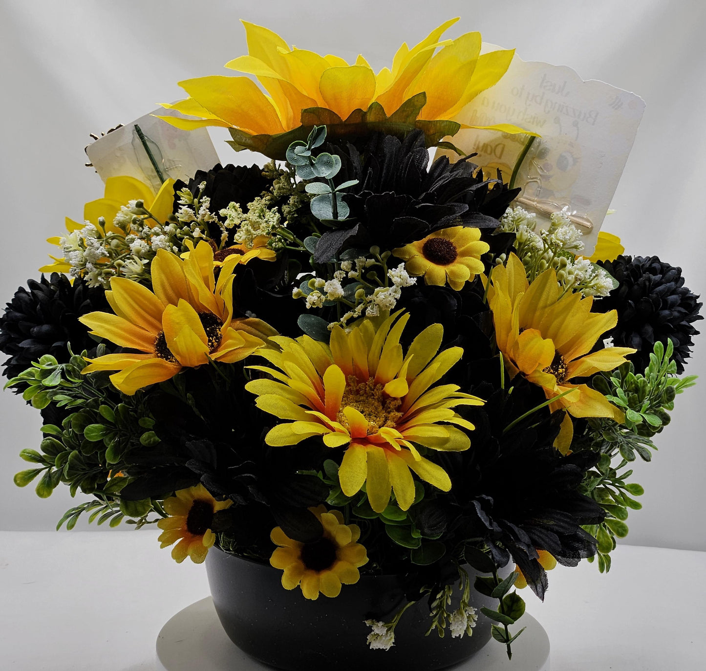 Thinking of You, Buzzing By Bee Lovers Floral Arrangement, Large Bee w/Bee accents, Yellow Sunflowers/Black Carnations Set in Black Bowl