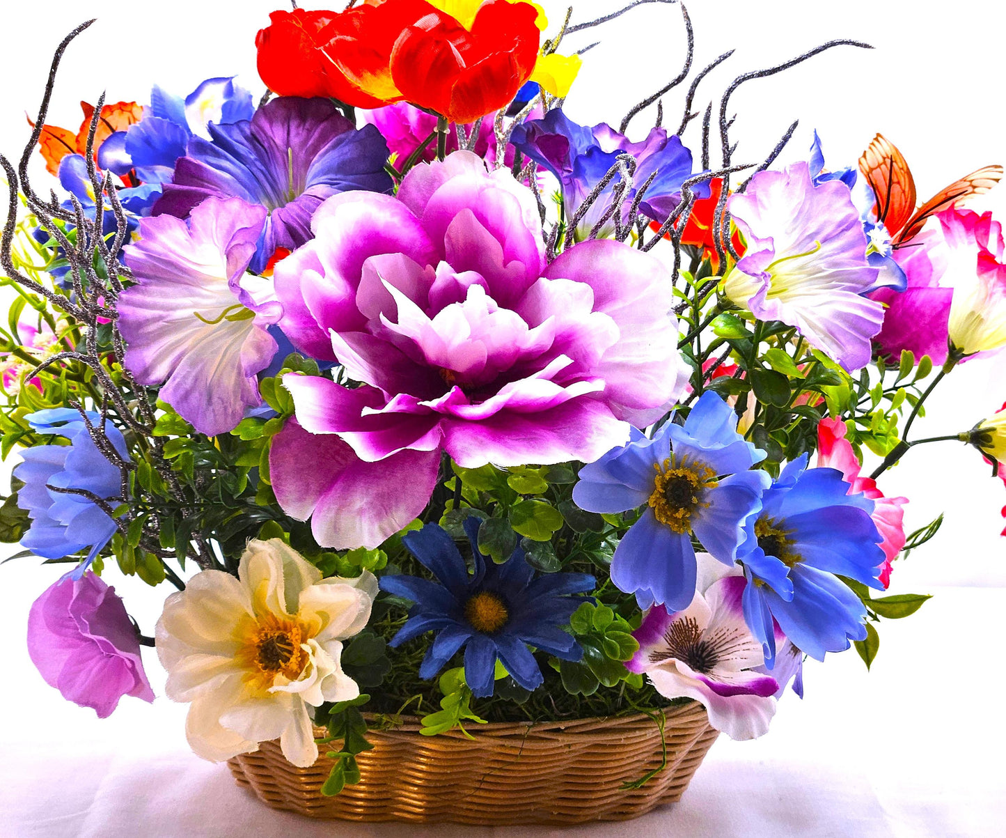 Winter Blues? Welcome Spring Flower Arrangement w/Bright Spring Flowers and Lucky Gnomes, Two Options in Oval Wicker Basket/Great Gift/Decor