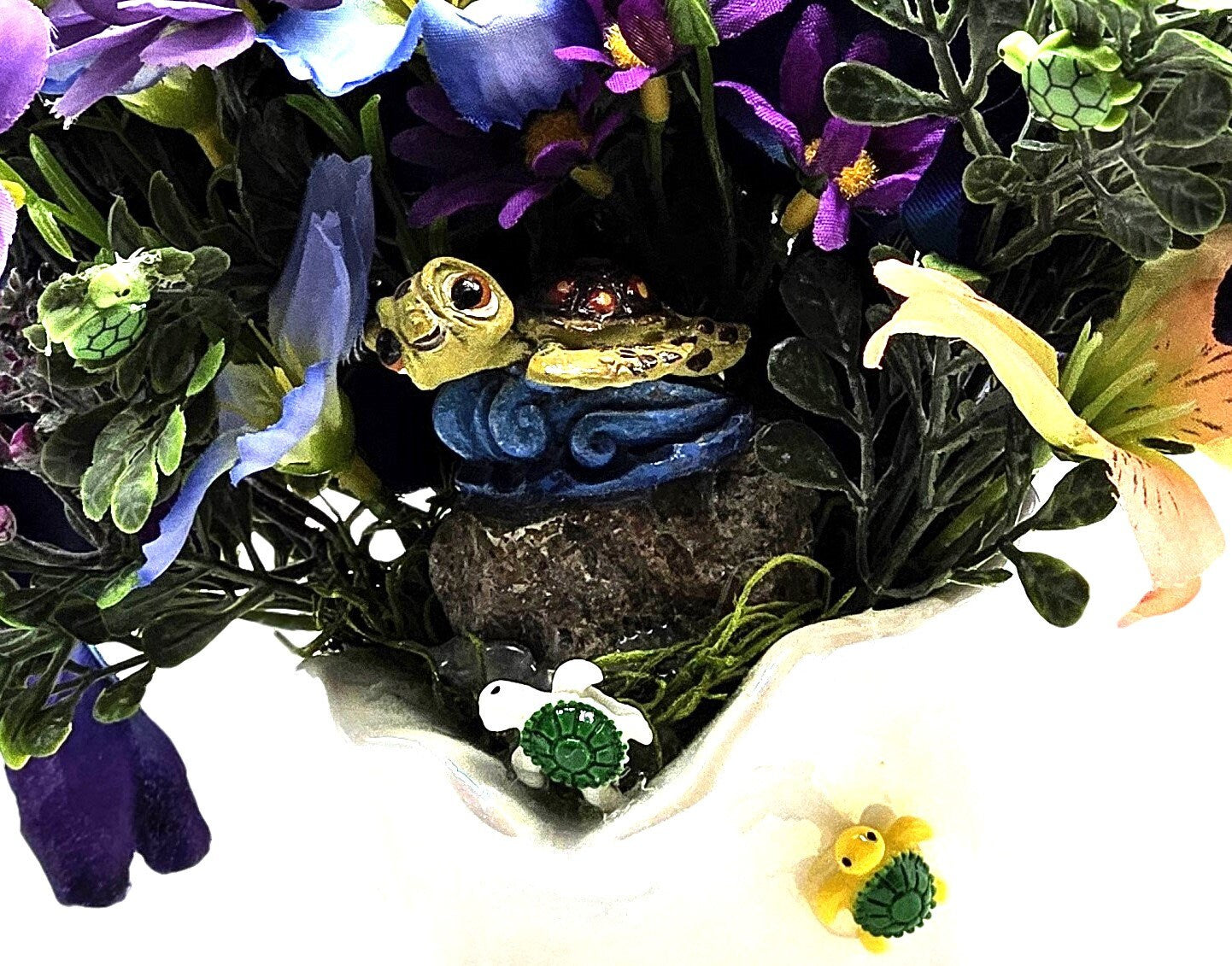 Cute Turtles Amidst a Purple and Yellow Floral Centerpiece Set in a Ceramic White Seashell, Great Gift for the Beach and Tropical Lover