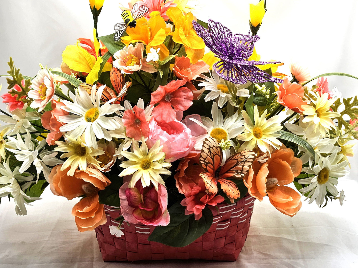 Wildflower Basket with Butterflies, Hot Pink Floral Container, Yellow Flower Basket, Gifts for Flower Lovers