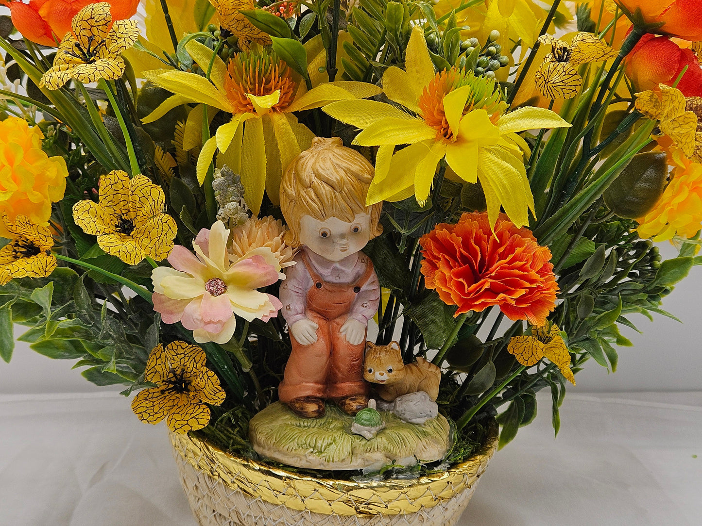 Flower Arrangement Set in Woven Basket, Boy with Cat and Turtle Figurine, Vibrant Yellow/Orange/White Flowers, Home Decor