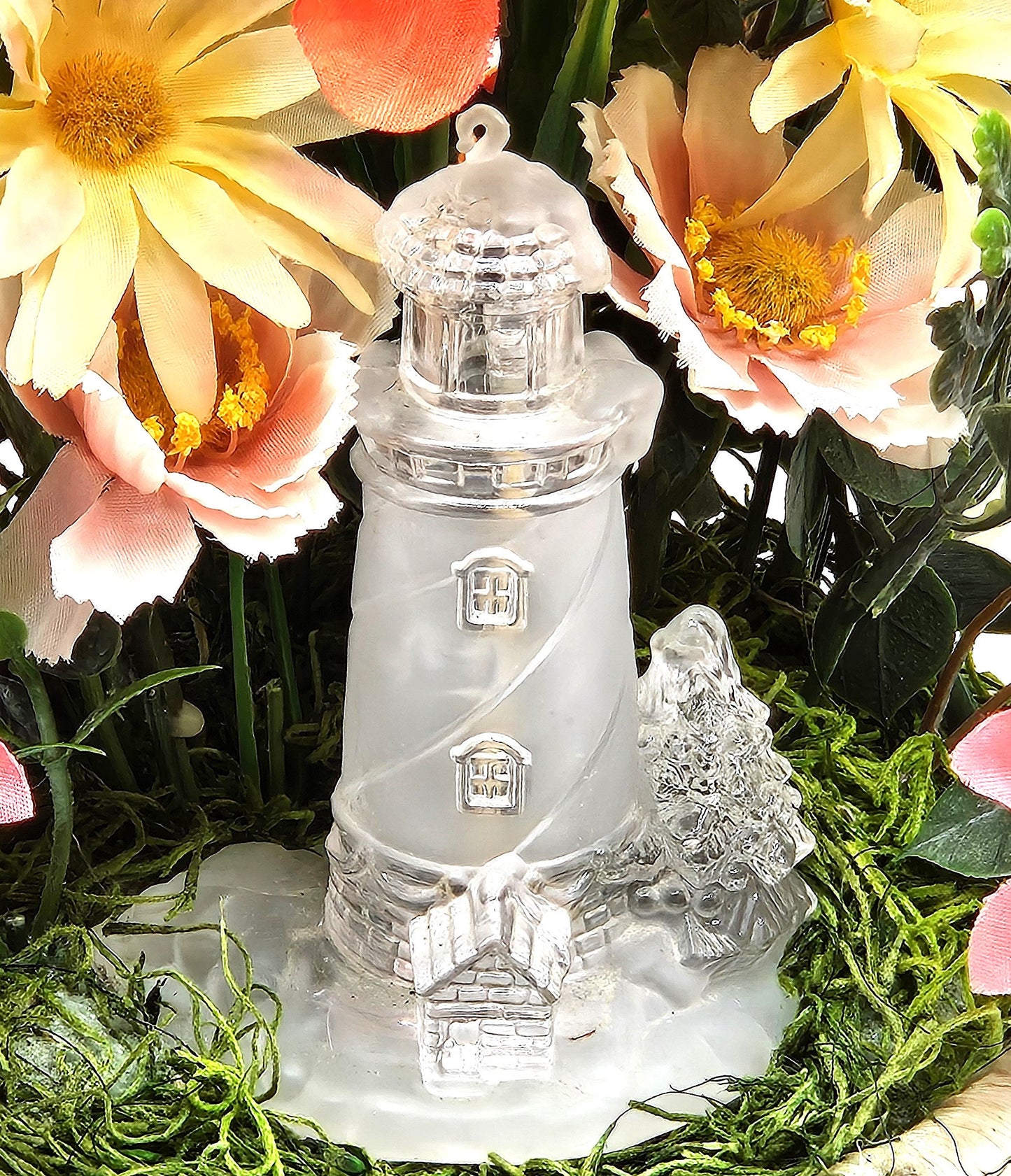 Flower Arrangement featuring a Crystal-Like Lighthouse, Yellow/Peach Wildflowers, Owl/Bird Accents/ Great Tropical Gift or Home Decor