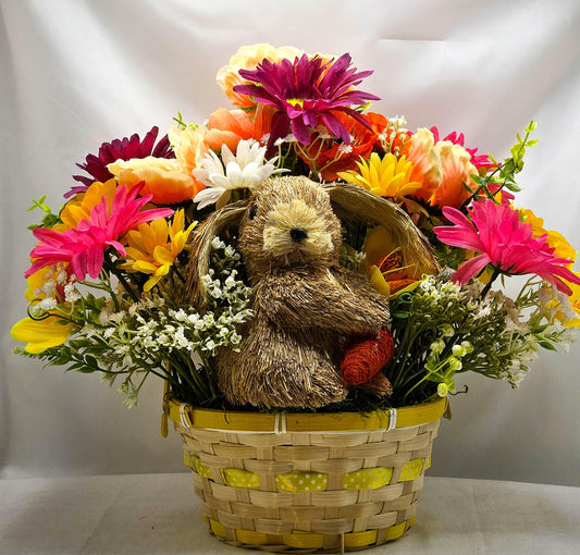 Eastere Home Decor/Gift - Basket with Rattan Rabbit, Multi-Colored Spring Florals and Baby's Breath, Optional Easter Sign