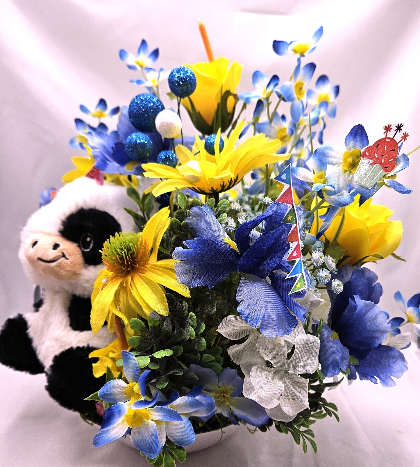 Happy Birthday to "Moo" Cow Lovers Flower Arrangement, Presents/Candles/Balloons/Birthday Sentiments, Blue/Yellow Flowers, Can Personalize