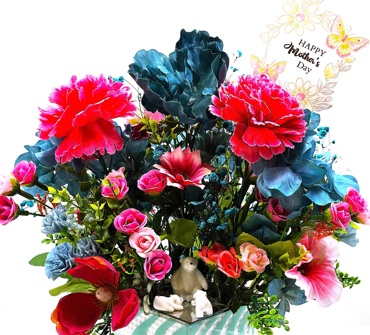 A Chilling Polar Bear Foral Centerpiece Set in Teal Striped Plastic Pot, Teal/Aqua/Pink Roses, Carnations/Other FloralsBaby's Breath