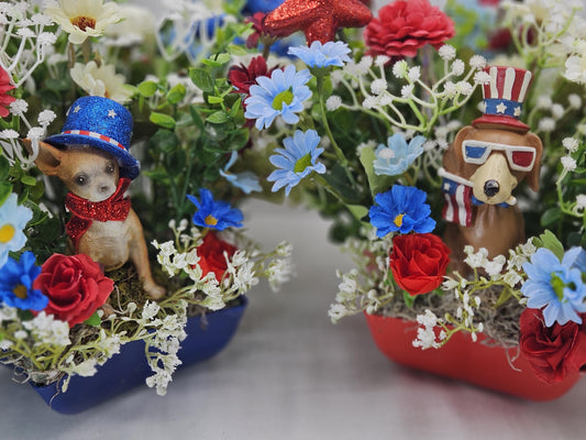 Dog Lovers Patriotic Florals/Two Options/Bully Type Dog or a Chihuahua Set in a  Star Shaped Dish wRed/White/Blue Flowers/Patriotic Accents