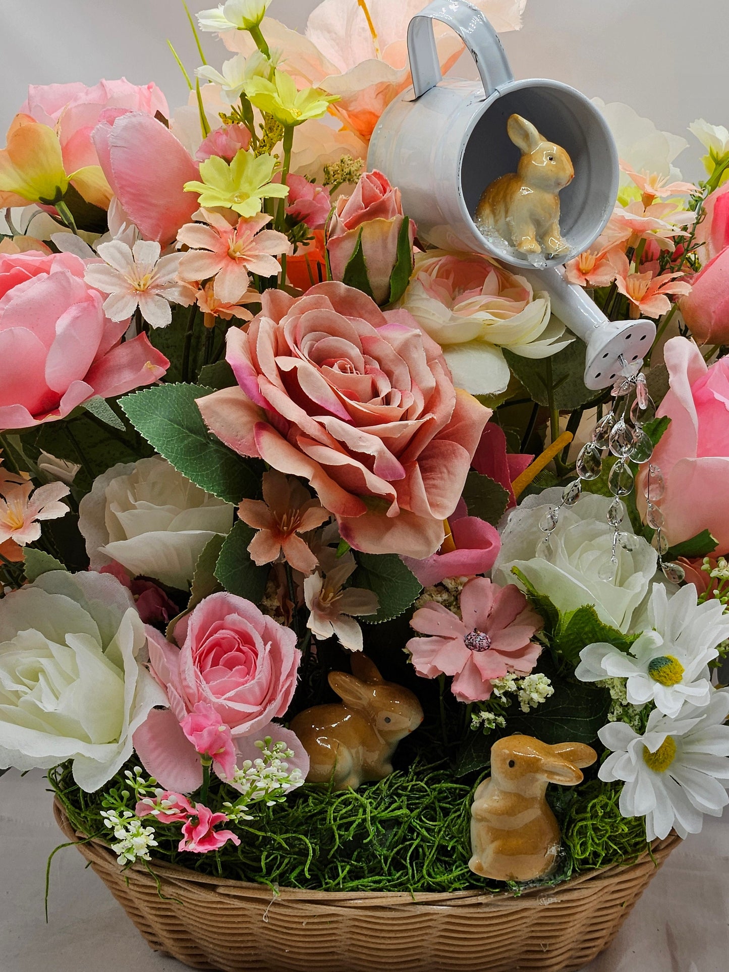 Oval Basket Flower Arrangement, Watering Can, Roses, Wildflowers, Bunnies, Housewarming Gift, Gift for Her