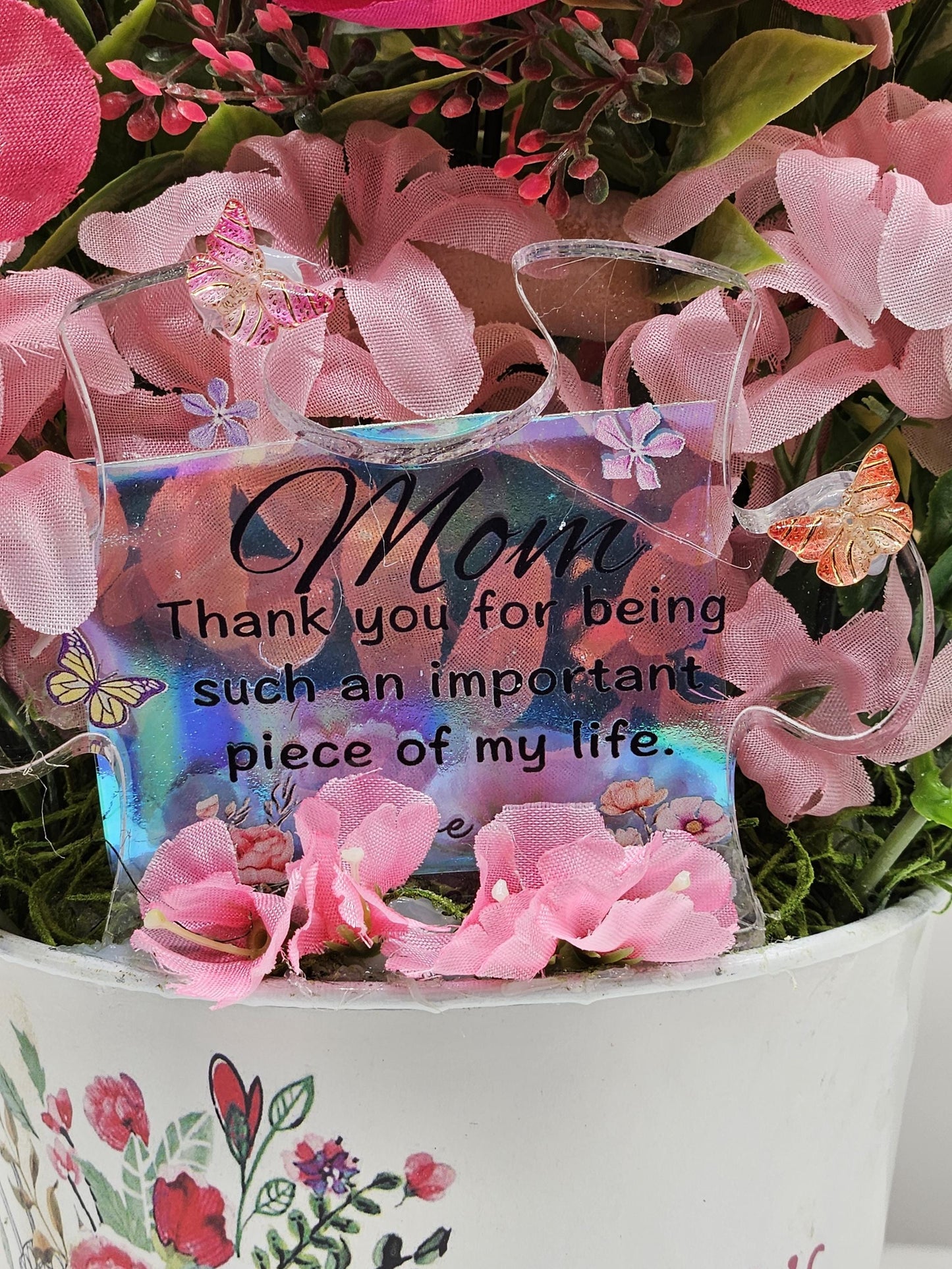 Mother's Day Inspirational Flower Tin - White Blooms in Vintage Tin, Thoughtful Gift for Her, Vintage Floral Tin with Acrylic Sign
