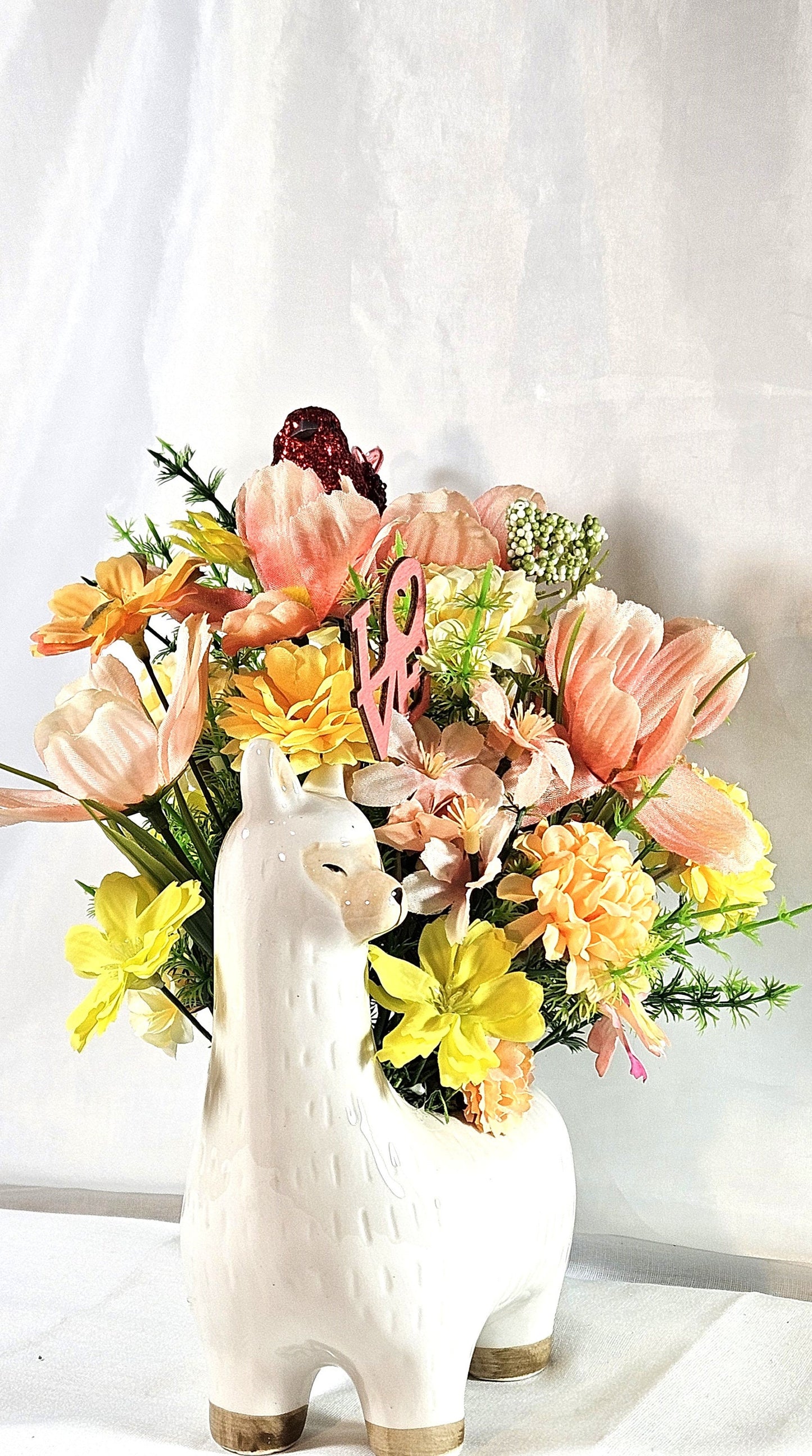 Love Ceramic Llama Arrangement: Peach/Yellow Blooms with Heartfelt Messages & Cute Bird, Perfect for Romantic Gift Occasions