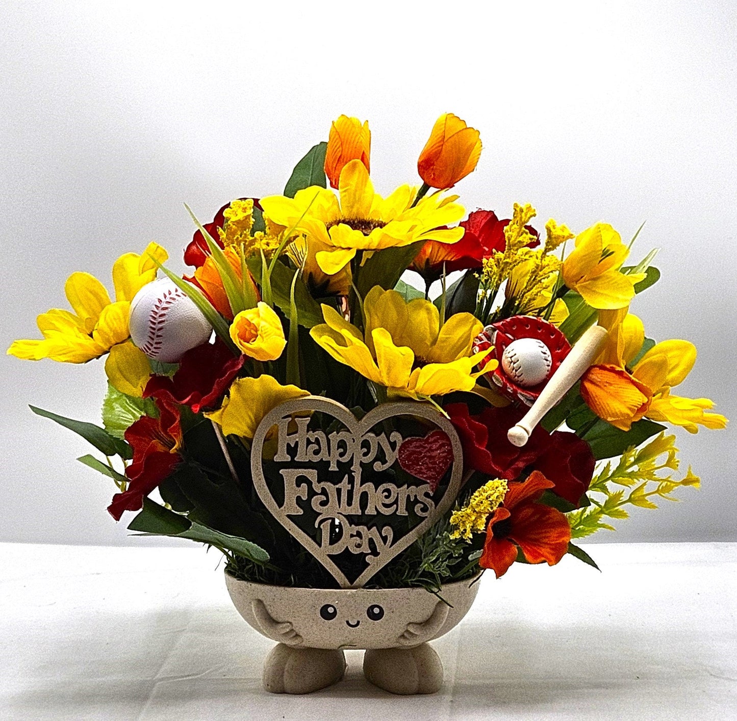Happy Father's Day Floral Display - Baseball Dad Theme with Rustic Wooden Sign - Unforgettable Dad Gift"